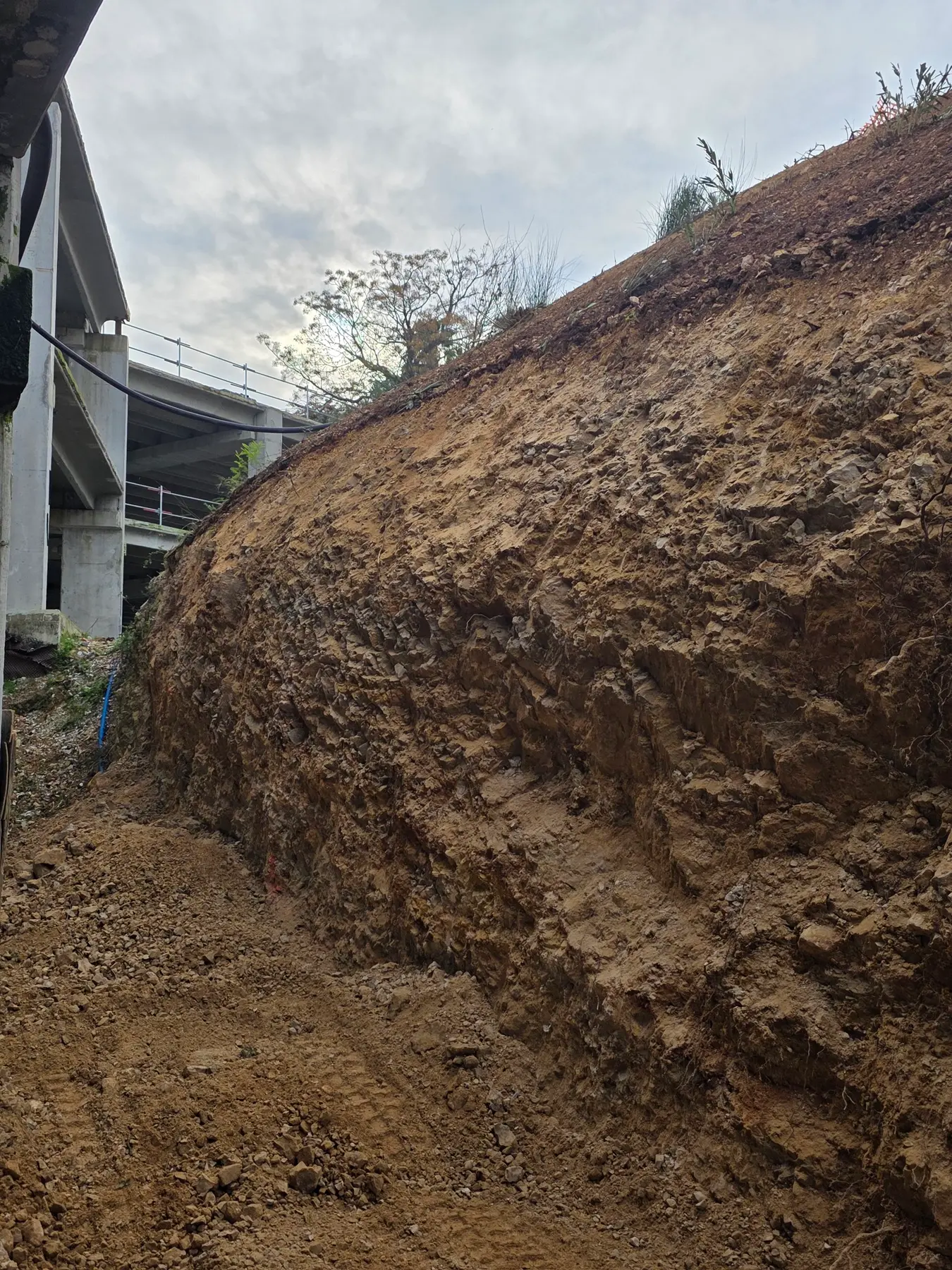 Terrassement d'un talus existant avec mini-pelle CAT, agrandissement de surlargeur sur terrain en pente, préparation pour travaux futurs.