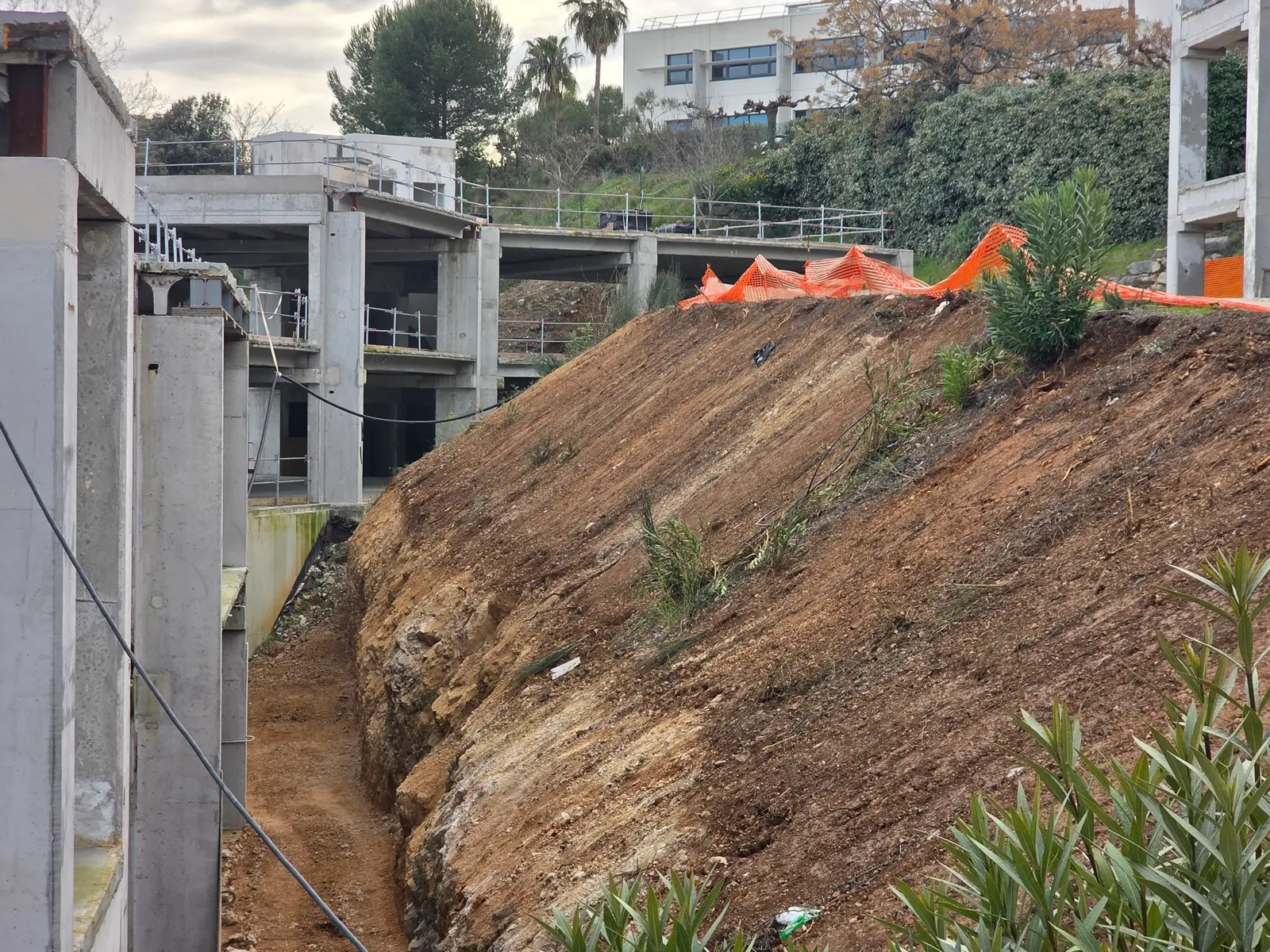 Terrassement d'un talus avec mini-pelle CAT pour agrandissement de surlargeur, terrain en pente avec végétation.